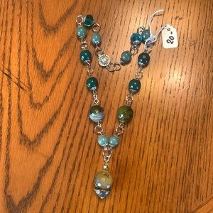NWT Beautiful Beaded Necklace of Green/Teal Colors Silver Tone Metal FINAL SALE
